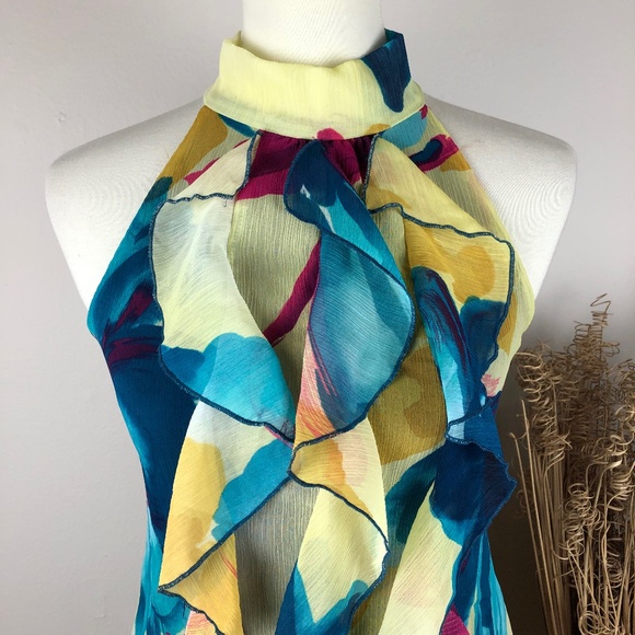 BCX Ruffle Keyhole Floral Sleeveless Halter Blouse Medium Blue Yellow - Picture 2 of 10